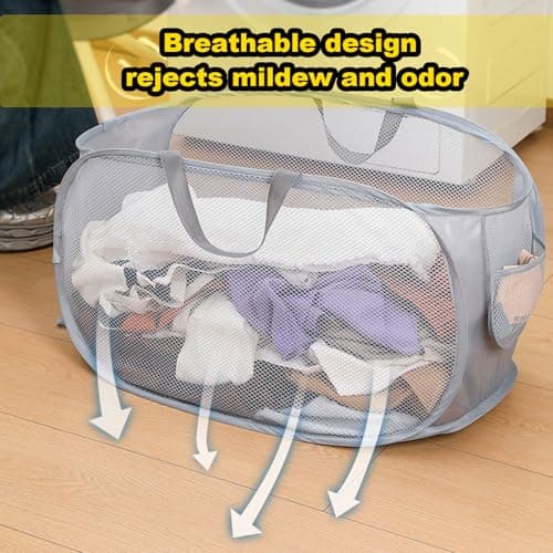 Durable Collapsible Mesh Laundry Hamper Pop Up with Handles & Side Pocket — view 6