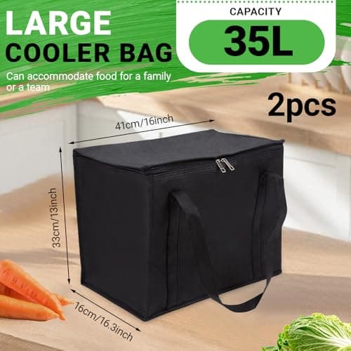 Cooler Box, 35L Insulated Cooler Box, Thermal Food Delivery Bag Cool Bags with Zip Big Cold Bag Picnic Reusable Insulation Shopping Bags Foldable for Beach Camping Work Trip (Black) — view 2