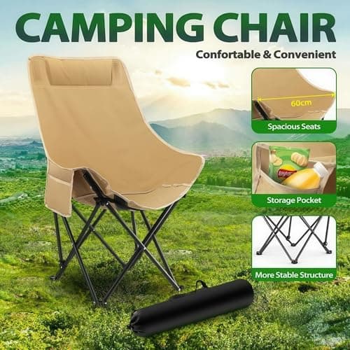 WY8 Folding Camping Chair Lightweight and Portable with Storage Bag, Heavy-Duty Steel Frame, Breathable Oxford Fabric, Ergonomic High Back Support, Compact for Hiking, Lawn, Picnic, Fishing (Khaki) — view 4