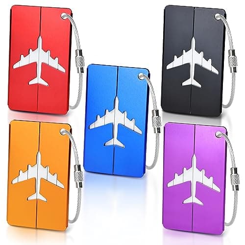 MOXYOY 5-Piece Metal Luggage Tags Set,Durable Aluminium Travel Suitcase ID Tags with Stainless Steel Cable Ties & Waterproof PVC Cards