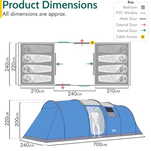 Trail Hexton XL 6 Man 2 Room Tent, Family Camping Tunnel Tent, 5000mm Waterproof, Dark Zone Bedrooms, Living Area with Standing Height, Sewn In Groundsheet, Carry Bag (L700cm x W240cm x H220cm) — view 6