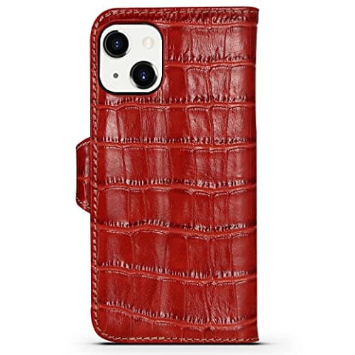 nincyee Genuine Leather Wallet Case for iPhone 13,Classic Crocodile Pattern Real Leather Flip Stand Case Cover with Card Slot Red — view 3