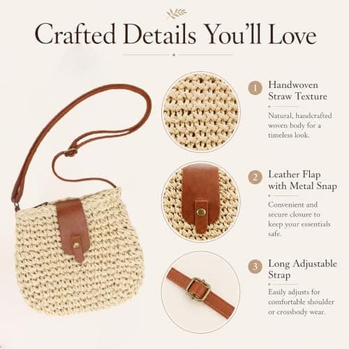 Straw Bag for Women，Beach Woven Straw Crossbody Bag with Adjustable Strap — view 3