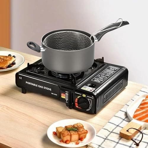 Camping 3 PIECE Cooking Set 8-Inch Nonstick Chip Pan with Lid & Basket and Portable Gas Stove with 4 Butane Canisters – Ideal for Deep Frying & Outdoor Indoor Cooking Camping Picnic Party BBQ. — view 6