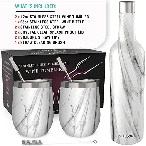 CHILLOUT LIFE Stainless Steel Wine Tumblers 2 Pack 12 oz & 1 Insulated Wine Bottle - Double Wall Vacuum Insulated Wine Cups with Lids and Straws Set - Carrara Marble — view 6