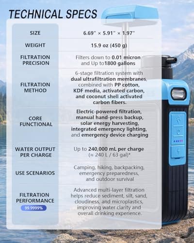 BKLES 3-in-1 Solar Electric Water Filter with Hand Pump - Camping Water Filtration System Survival, Portable Water Purifier with Emergency Light, Survival Kit for Backpacking, Birthday Gifts for Men — view 4