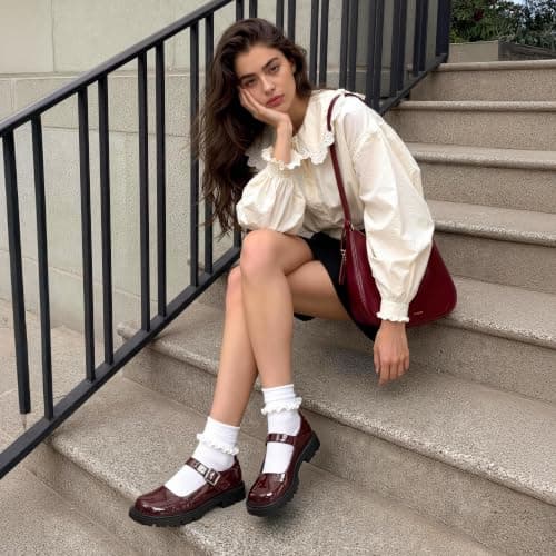 DREAM PAIRS Women's Chunky Mary Jane Flats,Burgundy,5.5 — view 2