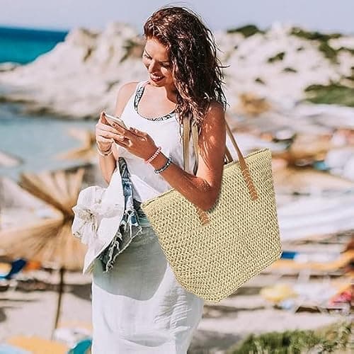 Hsthe Sea Women's Hand-woven Straw Shoulder Bag Large Summer Beach Leather Handles Handbag Tote with Zipper (beige) — view 3
