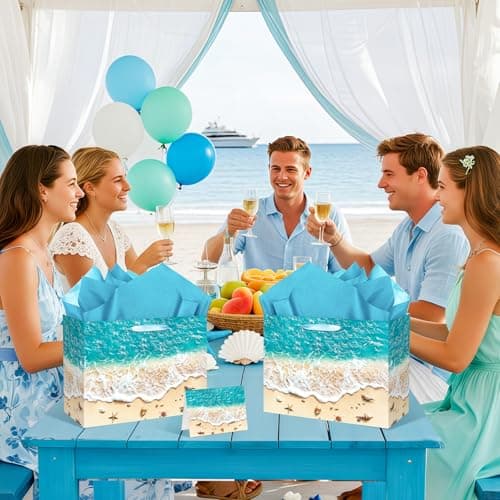 Beach Gift Bag with Tissue Paper and Card Summer Beach Goodie Candy Bags Seashell Blue Ocean Wave Summer Pool Party Favors Supplies for Holiday Birthday Wedding Luau Tropical Party — view 5
