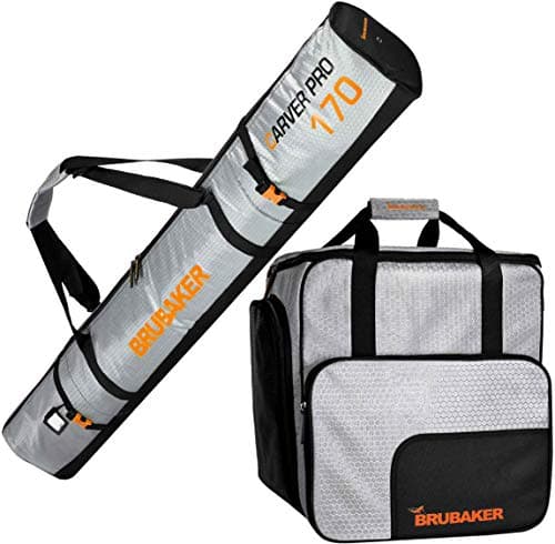 BRUBAKER Combo Set CarverTec Pro - Ski Bag and Ski Boot Bag for 1 Pair of Skis + Poles + Boots + Helmet - Silver Orange - 66 7/8 Inches / 170 Cm