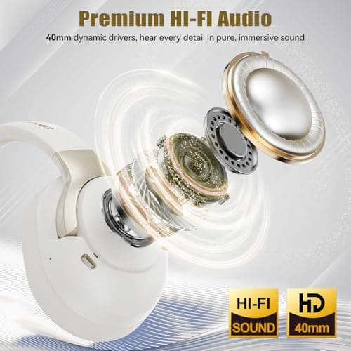 TECKNET Active Noise Cancelling Headphones, wireless headphones bluetooth 6.0, 70H Playtime and 6 EQ Music Modes with 3.5mm Cord, over ear headphones wireless & Wired for Home Travel Office, White — view 5
