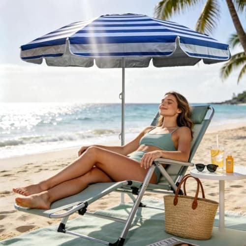 LOTTAFUN 6ft Beach Umbrella - Heavy Duty Wind Resistant UV 50+ Portable Sun Shade with Sand Anchor & Carry Bag, Outdoor Folding Umbrella for Beach, Pool, Patio, Garden (Blue strip) No Tilt The sand — view 6