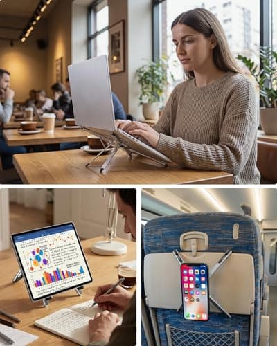 Viozon Portable Laptop Stand for Desk, Foldable Adjustable Computer Riser with Magnetic Phone Holder, Aluminum Laptop Stand for 10–16” Laptops & 4–13” Phones/Tablets (Silver) — view 2