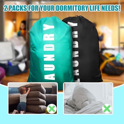 2 Pack Upgrade Extra Large Travel Laundry Bag with Drawstring，24" x 36" Durable Rip-Stop Dirty Clothes Shoulder Bag for Travel, Bathroom Home or Dormitory (Blue Black) — view 6