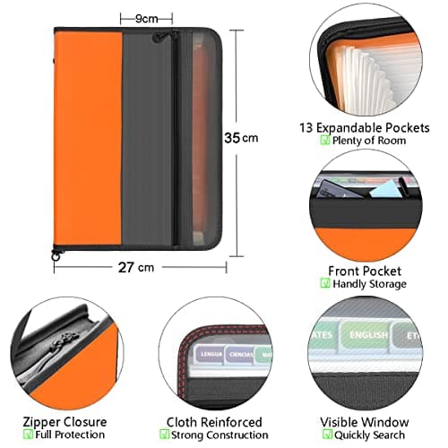 TRANBO 13 Pockets A4 Expanding File Folder with Zipper Closure, Plastic Document Wallet Organizer with Handy Front Pocket - Orange — view 2