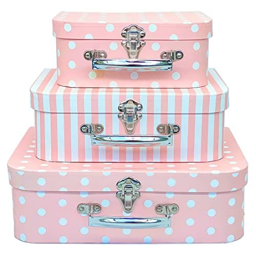 Amedoo Paperboard Suitcases, Decorative Storage Boxes with Lids, Set of 3 Nesting Gift Boxes Pink Storage Box, Christmas, Nursery and New Year Gift Decoration (Pink Dots and Strips) — view 6
