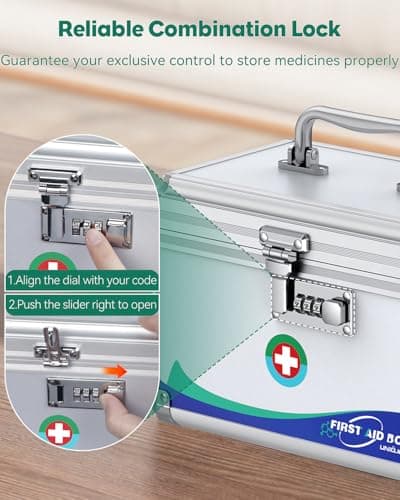 Uniclife Medicine Lock Box First Aid Box with Combination Lock & Handle Portable Medication Boxes Metal Lockable Medicine Storage Boxes, 25.4 x 15.2 x 16.5 cm — view 5