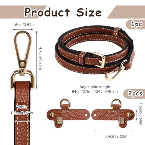 Leather Bag Strap Replacement for Mini Bags, Adjustable No Punch Shoulder Strap with Adapter Kit, PU Leather Crossbody Strap Compatible with Handbags, Shoulder Bags and Purse, 37-49 Inches Brown — view 2