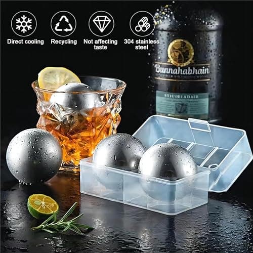 55 mm Stainless Steel Ice Ball Set with Storage Box, 2 Pcs Metal Ice Spheres, Large Round Whiskey Chilling Stones, Reusable Spherical Metal Ice Cubes, Chilling Balls for Beer/Cocktail/Vodka/Wine — view 3
