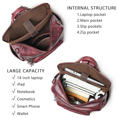Shrrie Vegan Leather Laptop Backpack for Women 15.6 inch Work Backpack Fashion Travel Backpack Purse for Business College-Two-tone Maroon — view 4