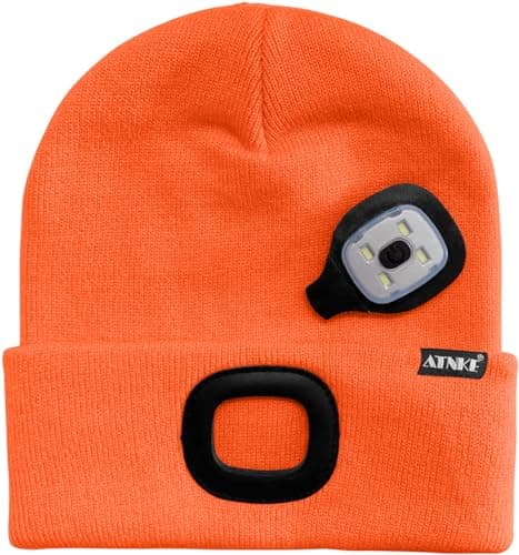ATNKE LED Lighted Beanie Cap,USB Rechargeable Running Hat Ultra Bright 4 LED Waterproof Light Winter Warm Gifts for Men and Women/Bright Orange — view 3