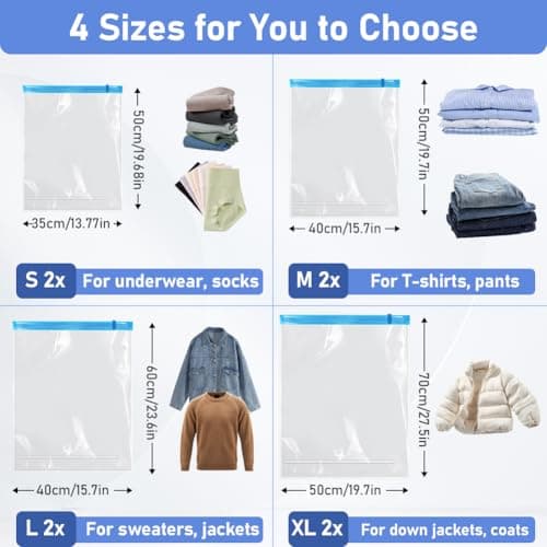 AOOWU Vacuum Storage Bags, 8 Pack (2 S, 2 M, 2 L, 2 XL) Reusable Vacuum Travel Storage Bag, Space Saver Sealer Bags, Saves 75% of Storage Space, Roll-Up Compression, No Need for Vacuum Machine or Pump — view 2