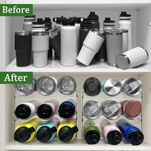 Water Bottle Storage Organiser for Cupboard, Stackable Rack for Fridge Pantry, Plastic Holder for Travel Mug, Tumbler, Thermos Flask — view 6
