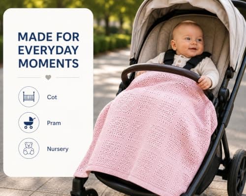 DUDU N GIRLIE Baby Pram Cellular Blanket, Moses Basket, White, 90x70cm — view 4