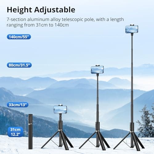 SYNCWIRE 55" Phone Tripod with Bluetooth Remote, Aluminum Selfie Stick Tripod with 360° Rotation, for iPhone & Android Phones, Travel Selfie Stick Stand for Vlogging, Live Streaming, Black — view 4