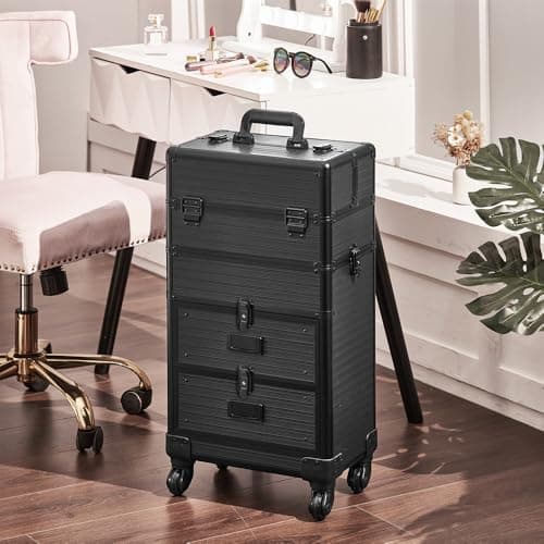 Warmiehomy Makeup Case 4-in-1 Tall Vanity Case Makeup Trolley Professional Beauty Trolley on Wheels Large Makeup Organizer Suitcase Cosmetic Storage Box 2 Drawers for Women 36x23x62cm（Black） — view 2