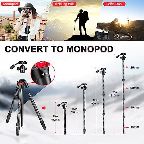 Carbon Fiber Camera Tripod Manbily 63" Lightweight Tripods with Detachable Handle Monopod for Travel with 360° Ball Head 36mm, Portable Compact for DSLR Cameras Camcorders Video Phone Canon Nikon Sony — view 6