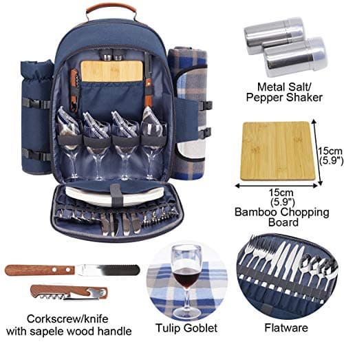 Sunflora 4 Person Insulated Picnic Backpack Rucksack with Blanket & Stainless Steel Tableware for Camping Picnic Hiking and BBQ (Navy Blue) — view 3