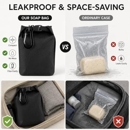 lafo Travel Soap Bag Waterproof Leakproof Travel Soap Case with Soap Lathering Bag and Carabiner, Portable Sealed Storage Bag Quick Dry Soap for Travel, Camping, Outdoor (black) — view 6