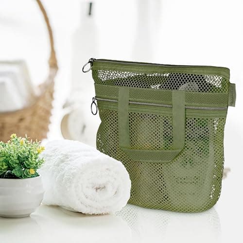 DV Lifestyle Mesh Shower Bag 25 x 26cm Caddy with Zipper & 2 Pockets. Quick-Dry Portable Toiletry Tote for Bathroom, Gym, Travel, Camp, Beach, for Sunscreen, Dorm & College Essentials (Olive Green) — view 2