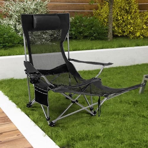 Livhome Camping Chairs Folding Recliner Chair Adjustable with Detachable Footrest Headrest Cupholder Pocket Lightweight Portable Reclining Camp Fold up for Outdoor Beach Garden (Black) (31141) — view 2