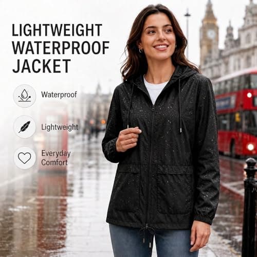 NWDEY Women's Lightweight Waterproof Jacket Ladies Packable Raincoat Hooded Windproof Rain Jacket Coat for Outdoor Travel (UK, Alpha, L, Regular, Regular, Black) — view 4