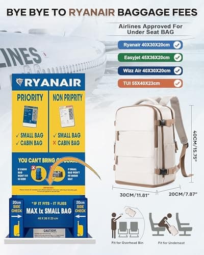 HPLQQ Travel Backpack Underseat Cabin Size Rucksack 40x30x20 for Ryanair, Carry-ons Hand Luggage Bag Travel Backpack,14 Inch Casual School Laptop Backpack with Shoes Compartment,24L,E-beige Brown — view 2