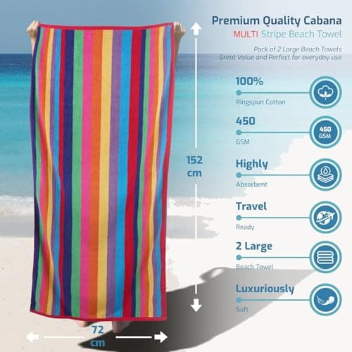 SweetNeedle Beach Towels for Adults Pack of 2 - Miami Vibe Multi Cabana Stripe Classic - 100% Cotton Terry Ringspun Pool Towel, Quick Dry, Super Absorbent Swimming large towel, 76 x 152 cm — view 3