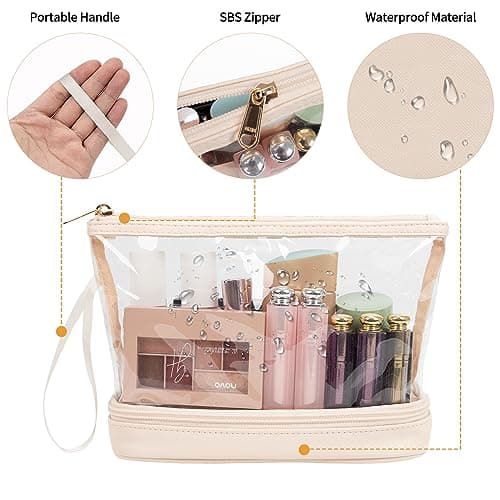 Clear Makeup Bag with Brushes Compartment Travel Toiletry Bag Cream — view 5