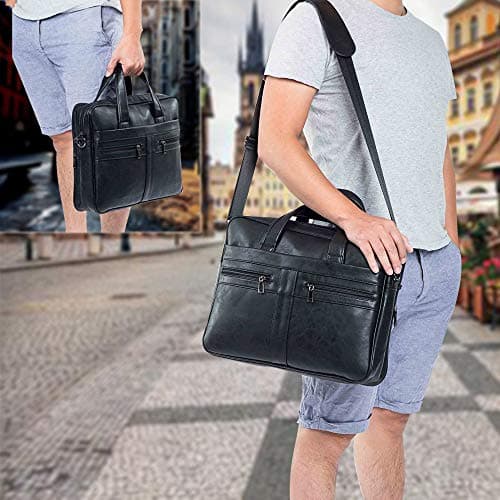seyfocnia Men's Business Travel Briefcase Leather Handmade Messenger Bags Laptop Bag 15.6 inch Work Computer Bag Satchel Bag (Black) — view 2