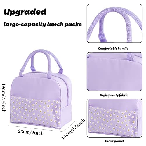 OTKARXUS Insulated Lunch Bag for Women,Portable Waterproof Lunch Box Cooler Bag with Daisy Pattern Transparent Pocket,Lunch Bag for Adults Girls Kids School Work Picnic Travel (A Purple) — view 2