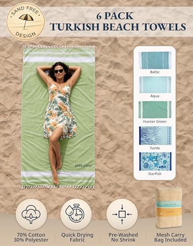LANE LINEN Turkish Beach Towels Set of 6, Cotton Rich Oversized Beach Towel, Lightweight Beach essentials For Women, Large Pool Towel, Absorbent & Quick Dry, Sand Free Beach Towel, 39"x71" - Aqua — view 2