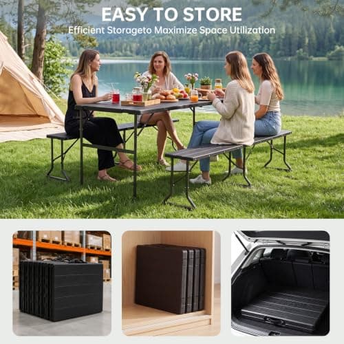 Aoxun Foldable Camping Table & Folding Picnic Table Set–Portable Fold Up Table with 2 Benches,Metal Frame,178x66x74cm Table & 160x25x40cm Benches,Ideal for Outdoor Garden Camping(Black) — view 6