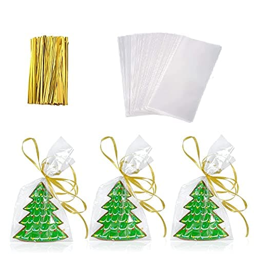 120 Pcs Clear OPP Treat Bags 10 x 15 cm with Gold Twist Ties