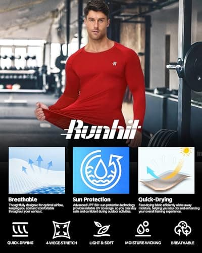 Runhit Men's Red Long Sleeve Compression Top, Crew Neck Sports Base Layer Shirts UPF 50+, Quick Dry Mens Undershirt for Fitness Motorcycle Rugby Workout M — view 5