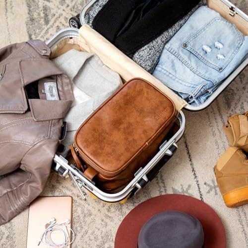 Elviros Travel Toiletry Bag Gift for Men，Mens Toiletries Bag Gifts Set Shaving Dopp Kit Water-Resistant Bathroom Toiletries Organizer PU Leather Cosmetic Bags 2 Piece Brown — view 6