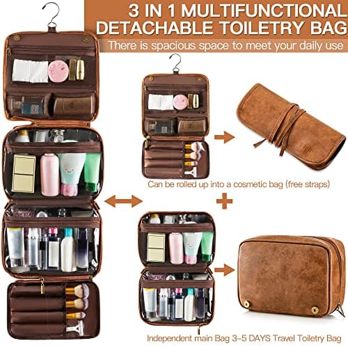 Elviros Hanging Toiletry Bag for Men, 3-in-1 PU Leather, Brown — view 2