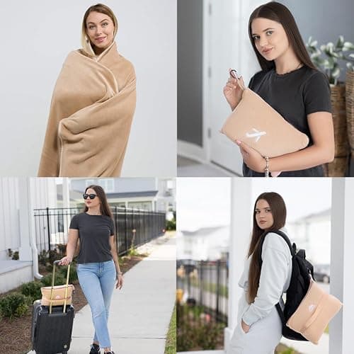 BlueHills 2-Pack Mini Premium Soft Plush Travel Blanket Pillow Airplane Essentials for Two in Bag Flight Traveling Warm Portable Plane Blankets Beige - M26 — view 3