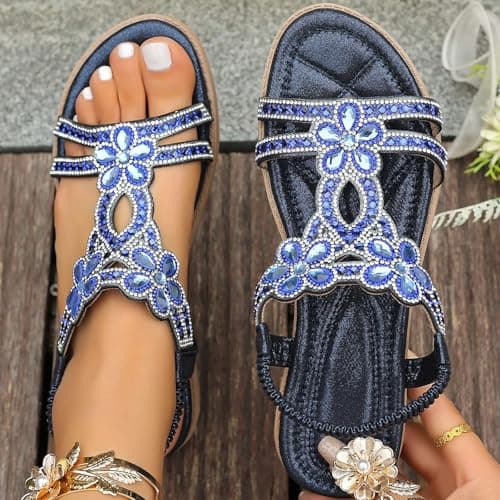 Blue Sandals For Women Ladies Sandals Size 5 Uk Flat Fashion Rhinestone Flat Roman Sandal With Ankle Straps Comfortable Soft Sole Lightweight Walking Sandal Slip Resistant Holidays Casual Shoes — view 2
