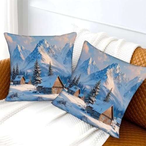 Winter Cabin Scene Organic Cotton Snowy Mountain LandscapePillow Slip Set of 2 Hypoallergenic Kids Toddler Double Bed UK Standard Size Eco-friendly Gift for Her Him 40x40cm — view 3